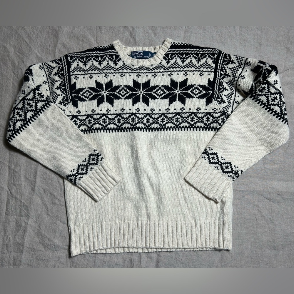 Polo Ralph Lauren Sweater White Black Snowflake Cotton Cashmere Size Medium